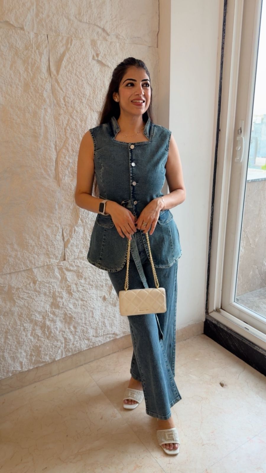 Stretchable denim angrakha style 2 pc set