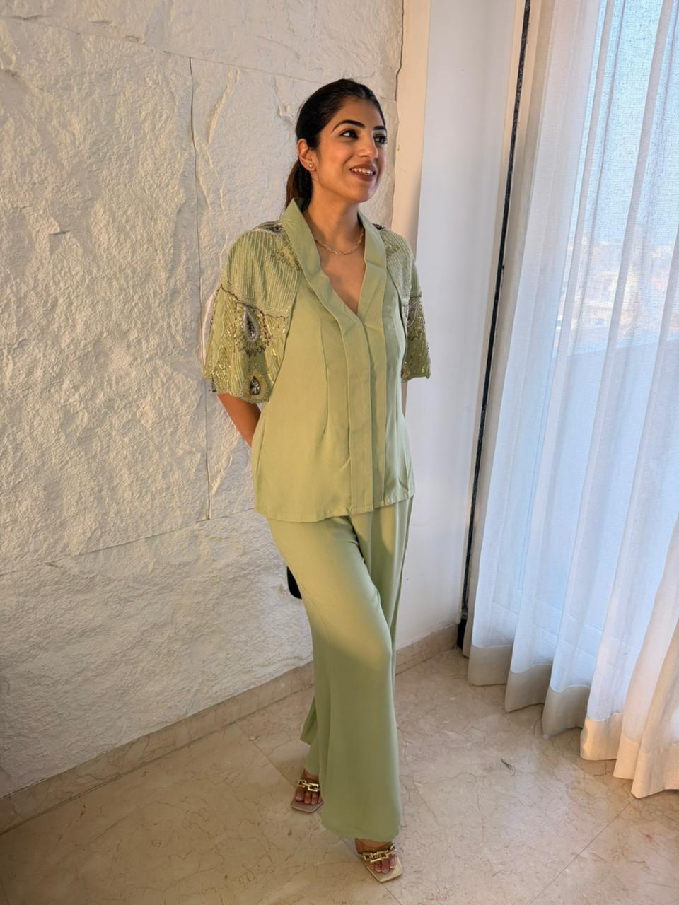 Moss crepe fabric 2pc,co-ord set designer sleeves with handwork