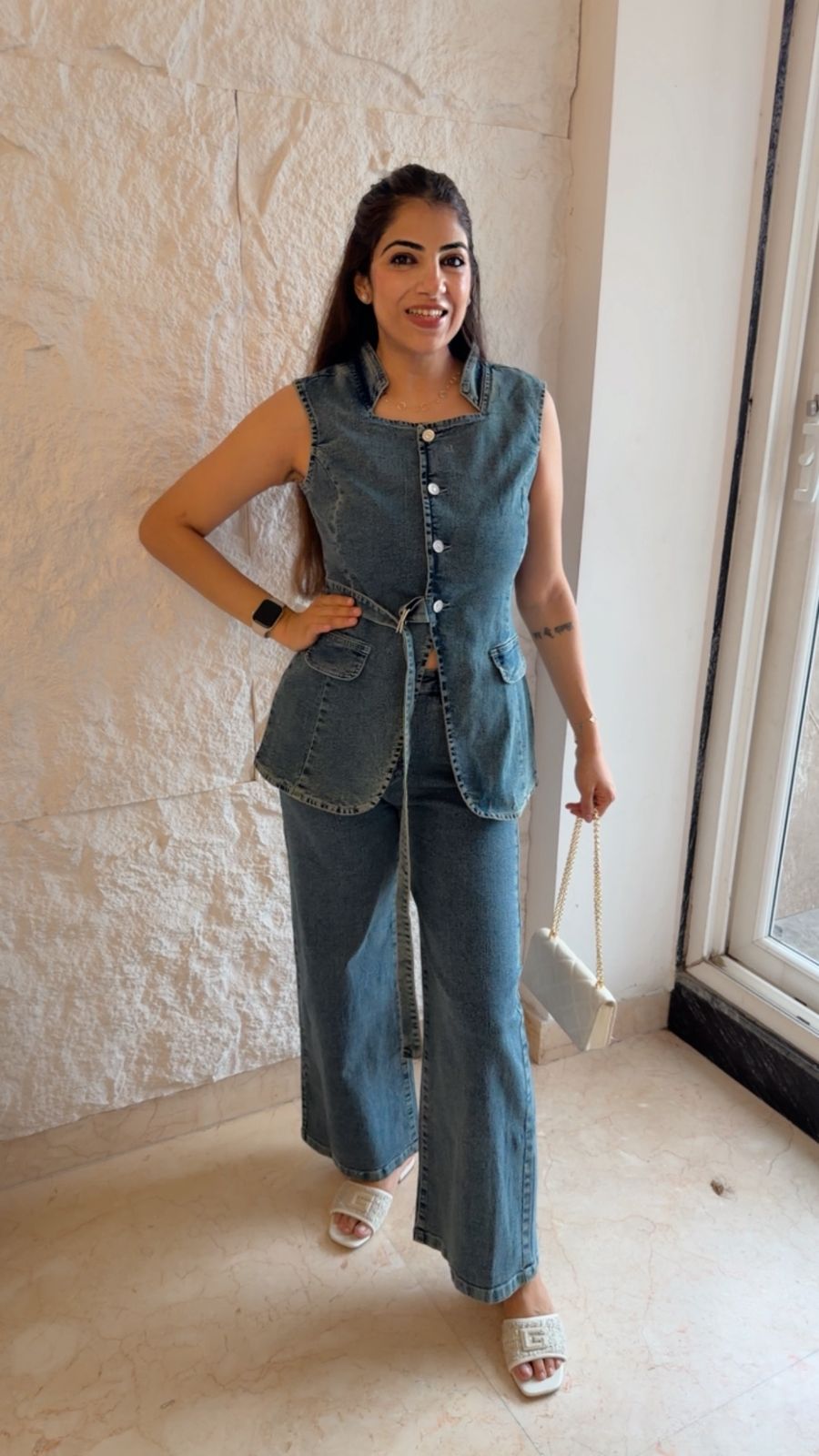 Stretchable denim angrakha style 2 pc set