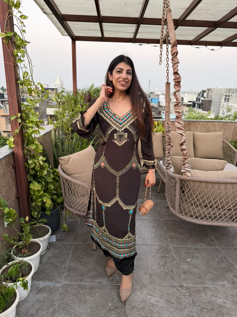 Crepe long phiran set with pant