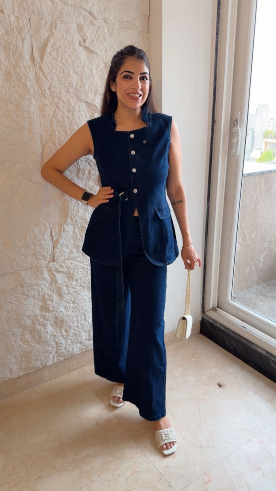 Stretchable denim angrakha style 2 pc set