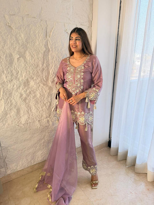 Pure shimmer tissue,3pc set - all gota patti nd mirror work with organza duppata