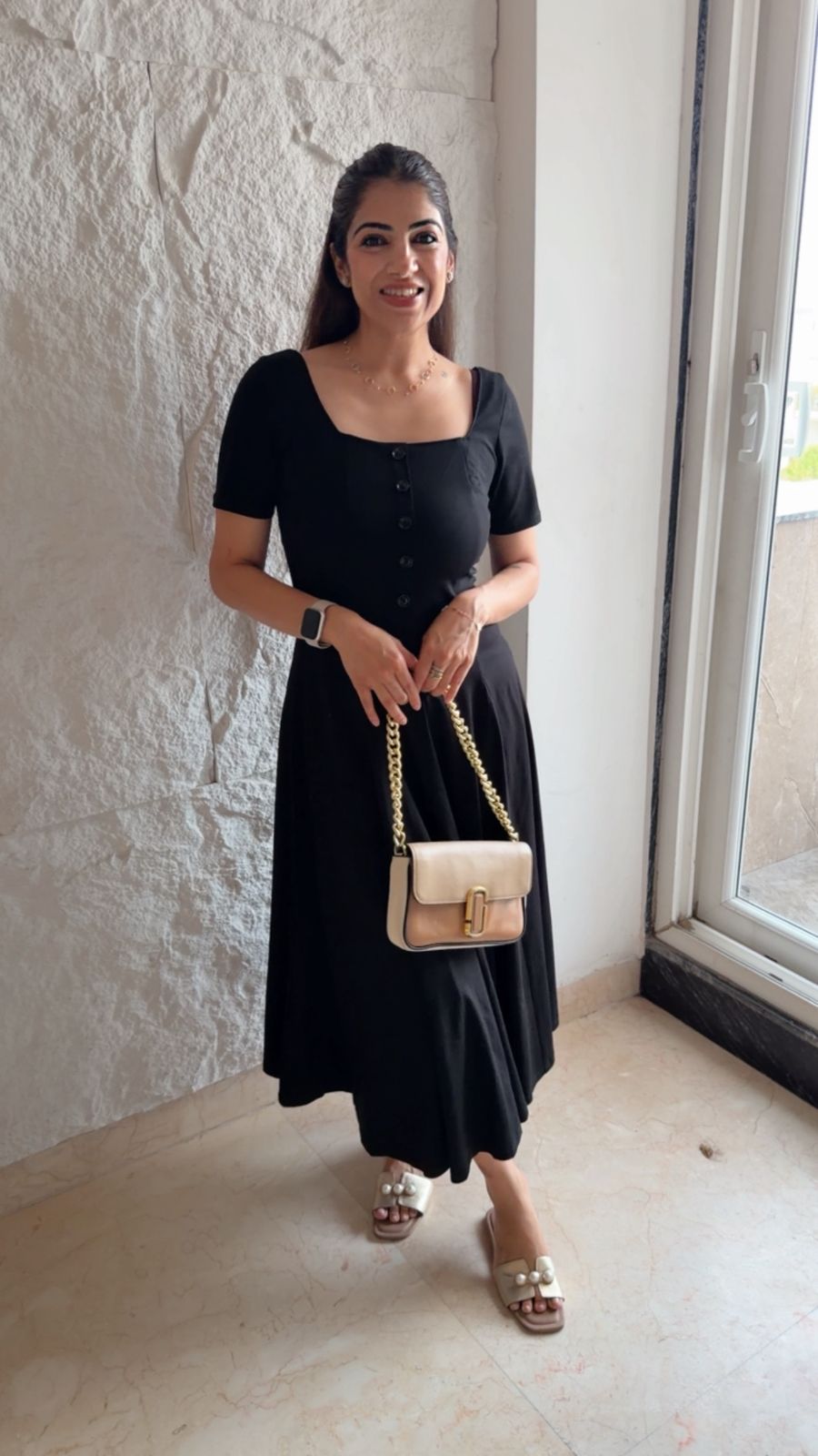 Roman stretchable fabric dress with button details