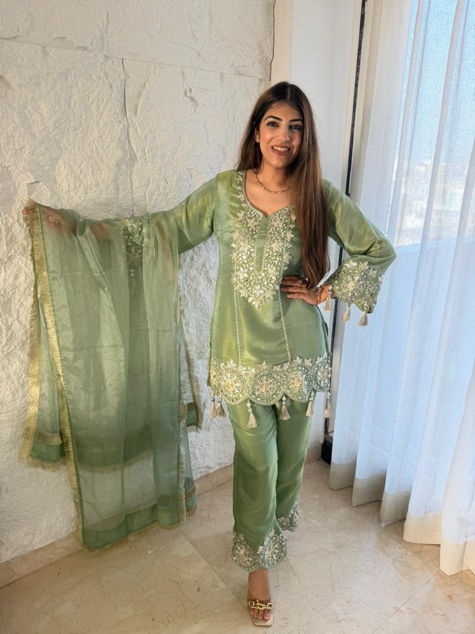Pure shimmer tissue,3pc set - all gota patti nd mirror work with organza duppata