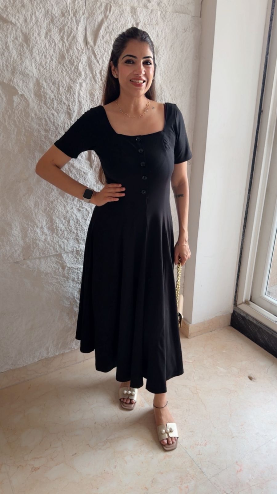 Roman stretchable fabric dress with button details
