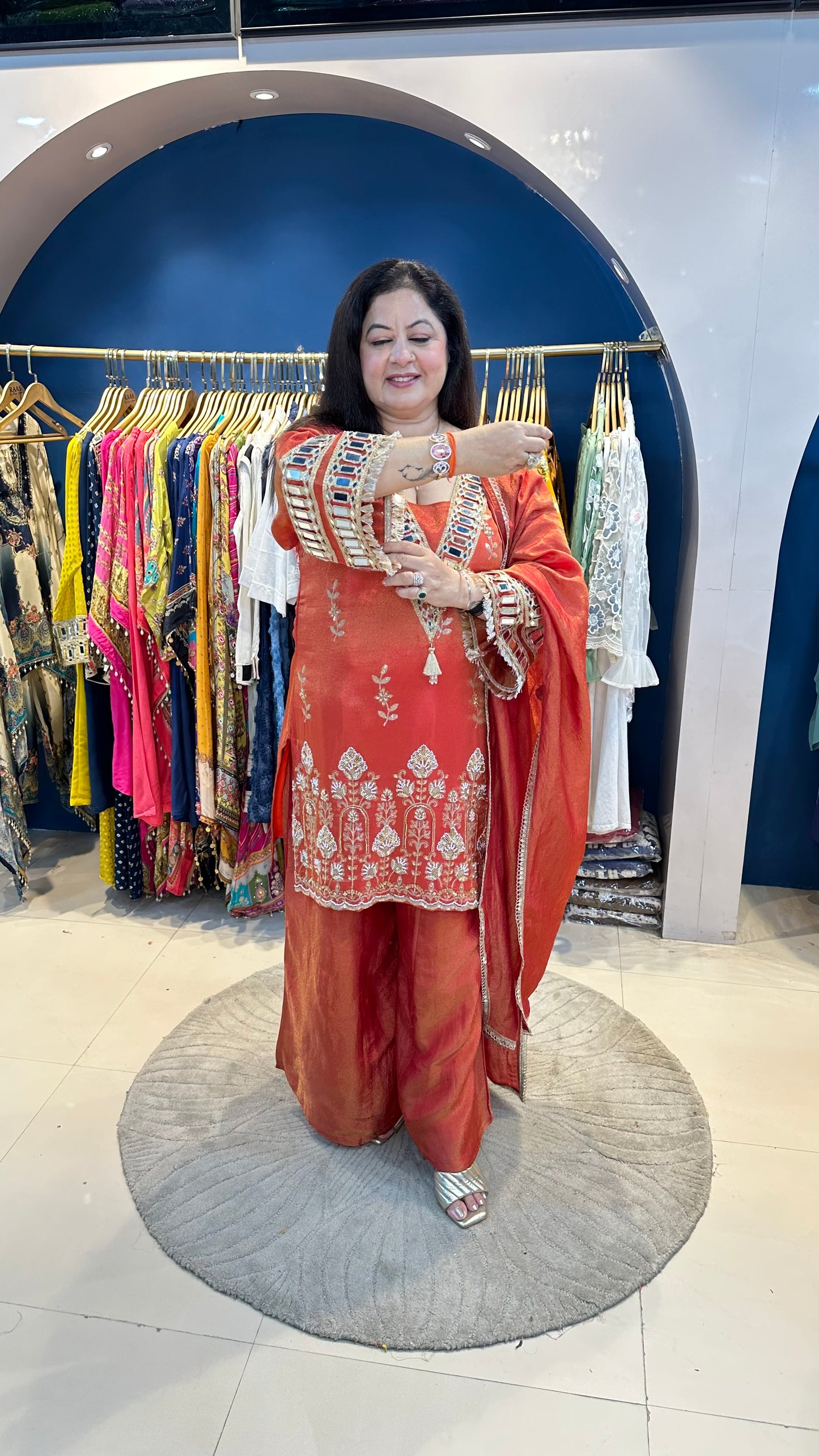 Shimmer tissue partywear 3 pc suit with handwork with mirror detailing on neck & sleeves
