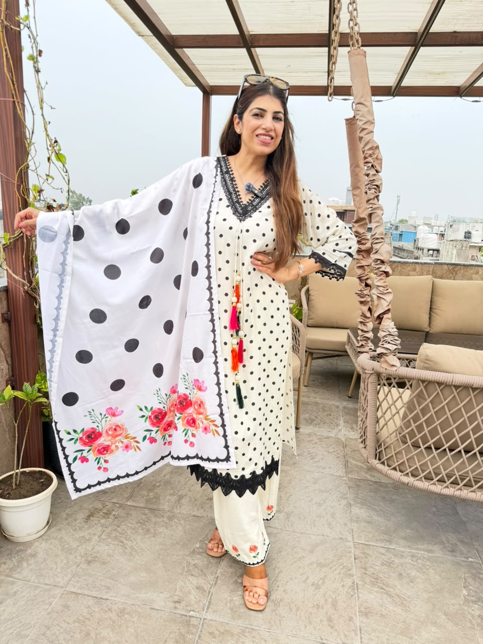 Pure muslin cotton smalls polka dot 3bpc suit with lace work & long tassels & dupatta