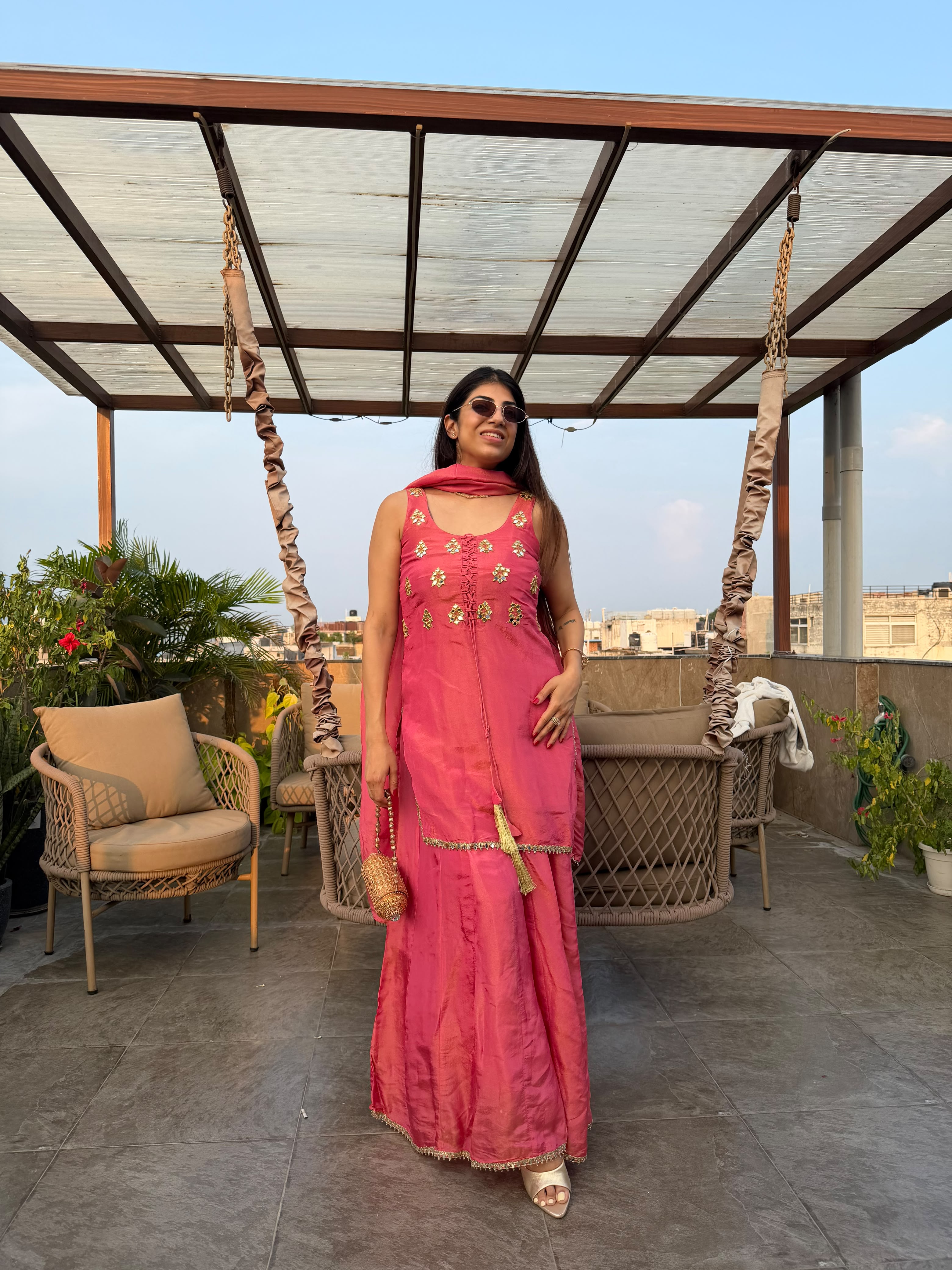 Cosmo fabric sharara set with dupatta with mirror detailing on neck