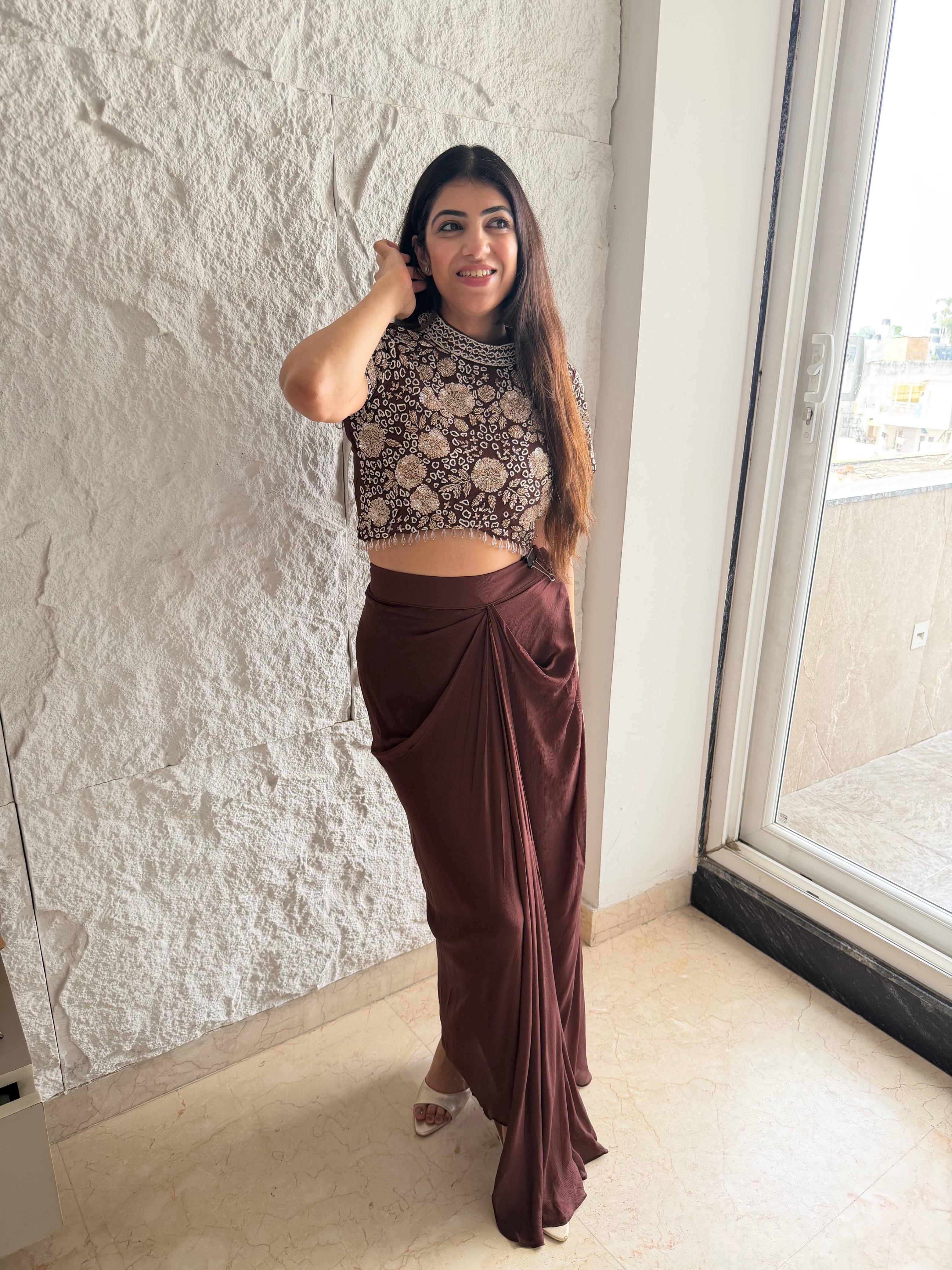 Pure Chinon  Two-peice drape skirt & crop Top with all handwork