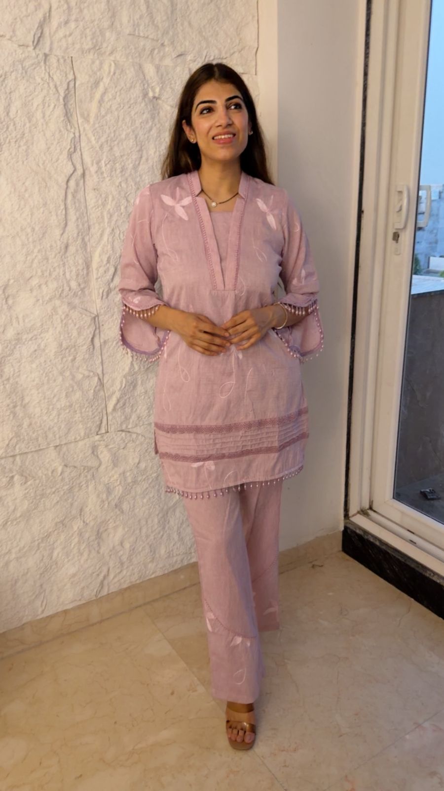 Cotton 2 pc co-ord set with straight pants and stylish sleeves