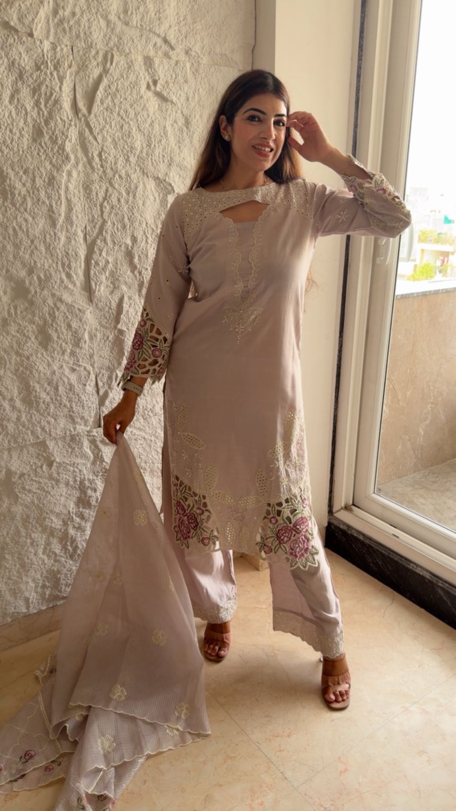 Imported cotton 3 pc Pakistani cutwork suit with embroidery