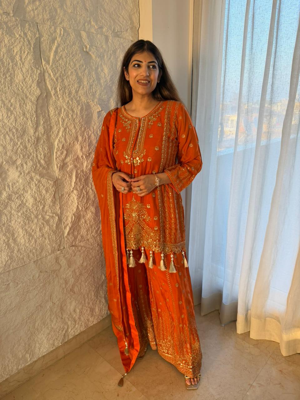 Pure Chinon 3 pc, partywear suit with handwork nd machin embroidery