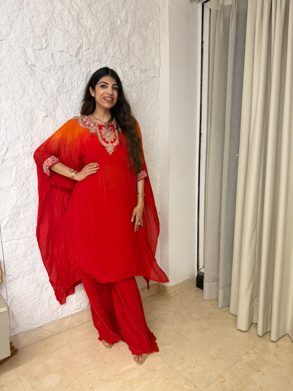 Pure Chinon ombre Kaftan set with front back handwork & bell bottom plazo