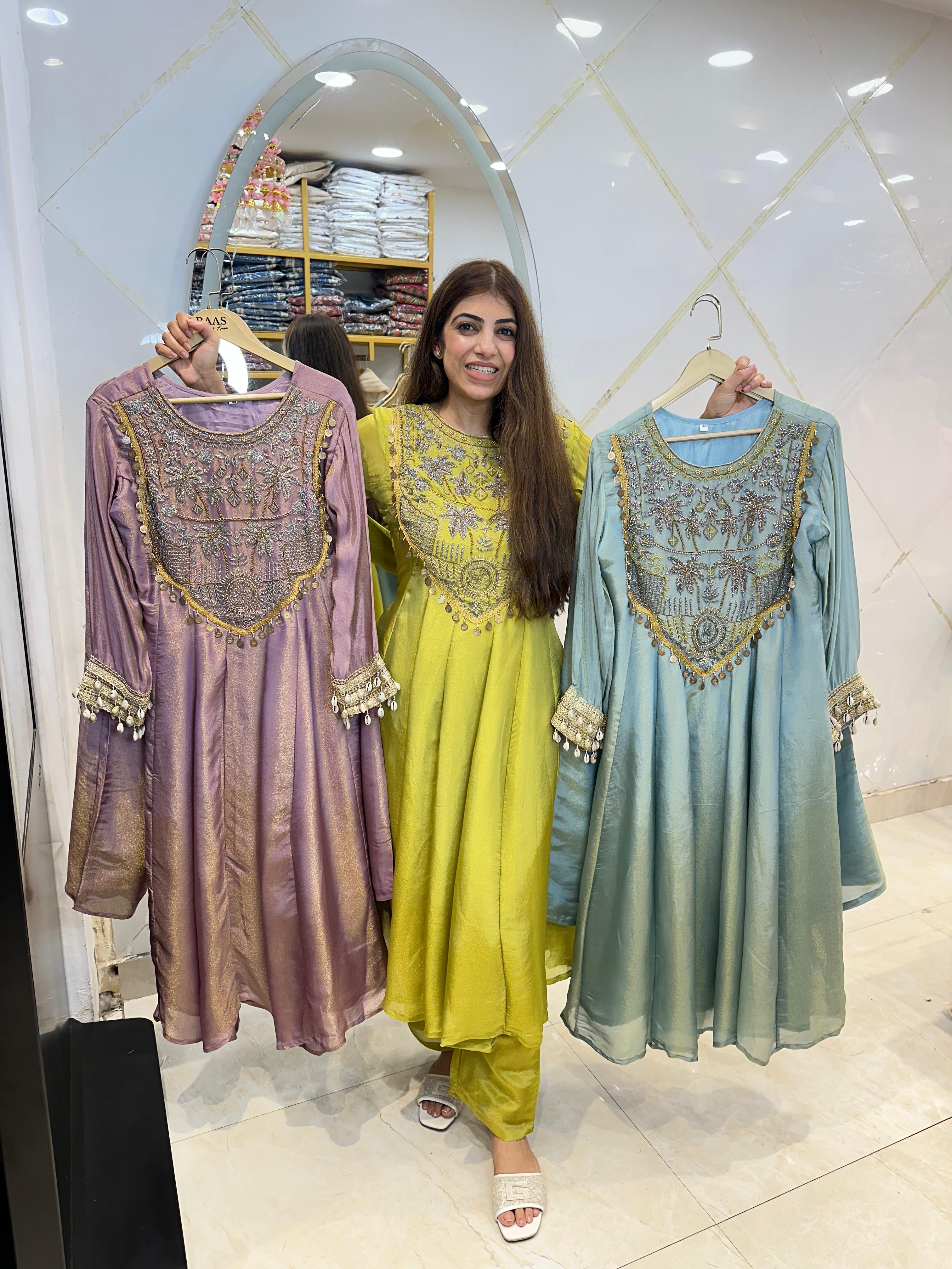 Shimmer tissue anarkali 3pc set, handwork and kodi work