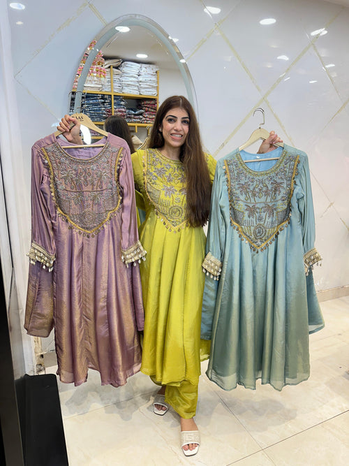 Shimmer tissue anarkali 3pc set, handwork and kodi work