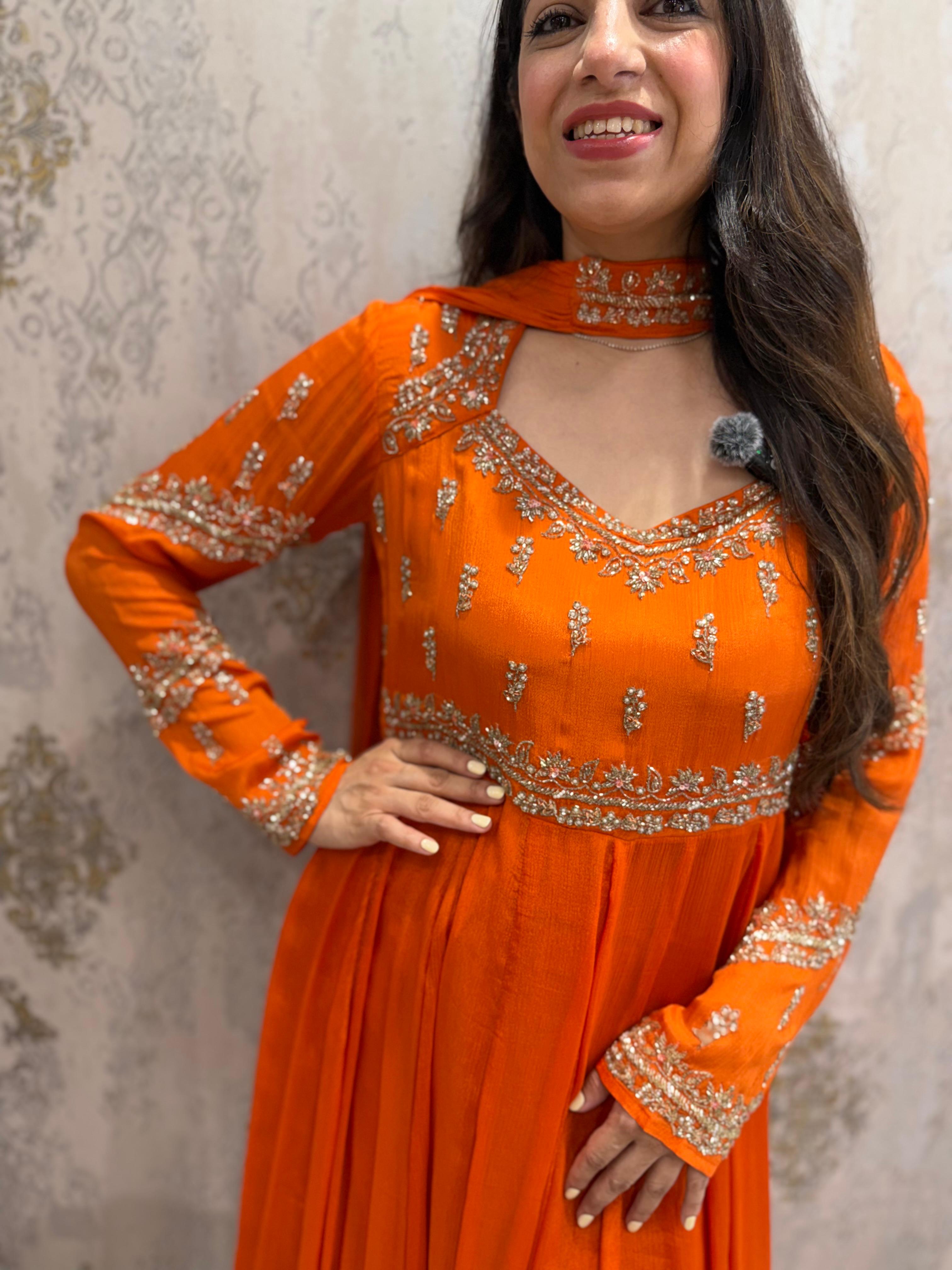 Pure Chinon  long partywear 3,peice set with all handwork & choker neck dupatta
