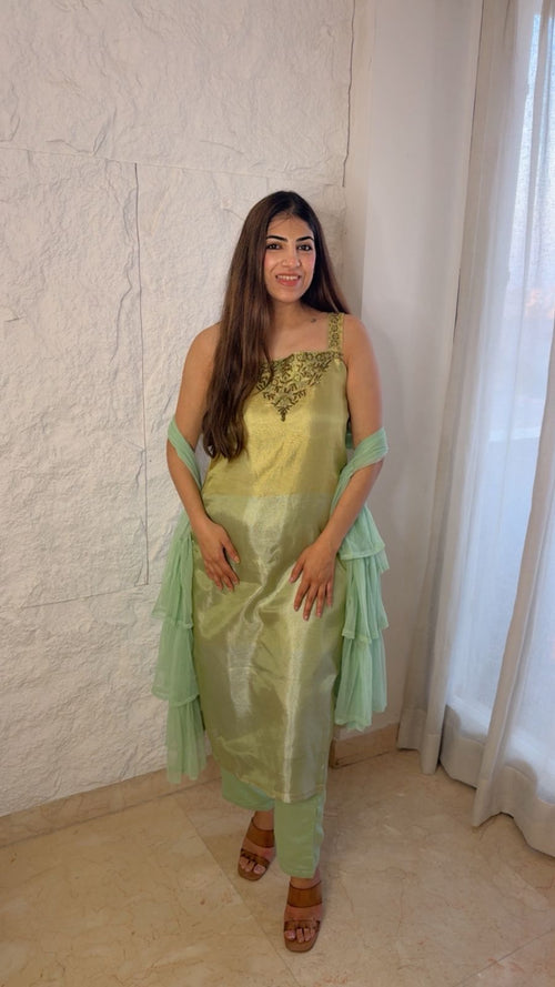 Banarsi double shaded 3 pc set with ruffle net dupatta  With handwork on neckline