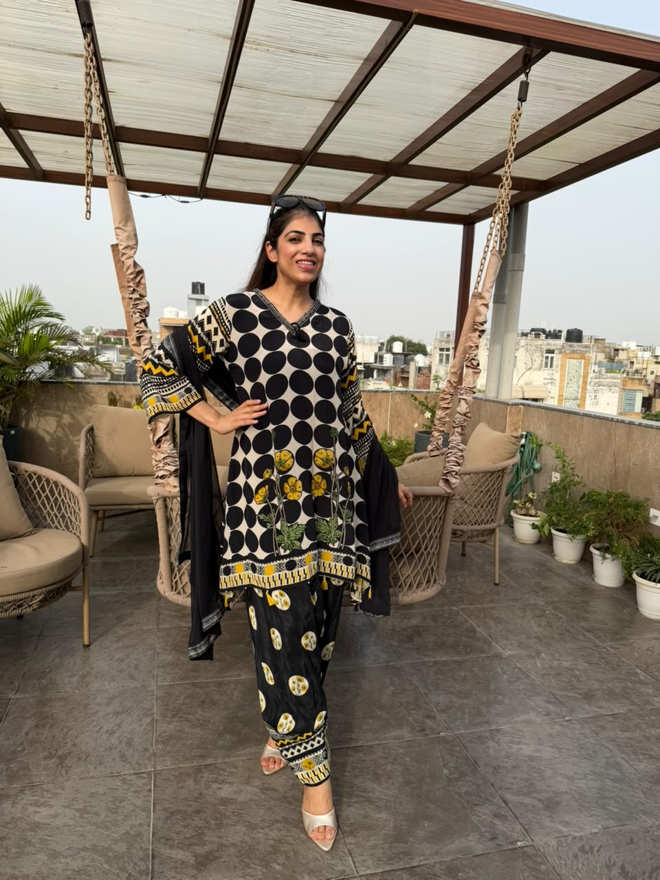 Black natural crepe ploka set with farshi & dupatta