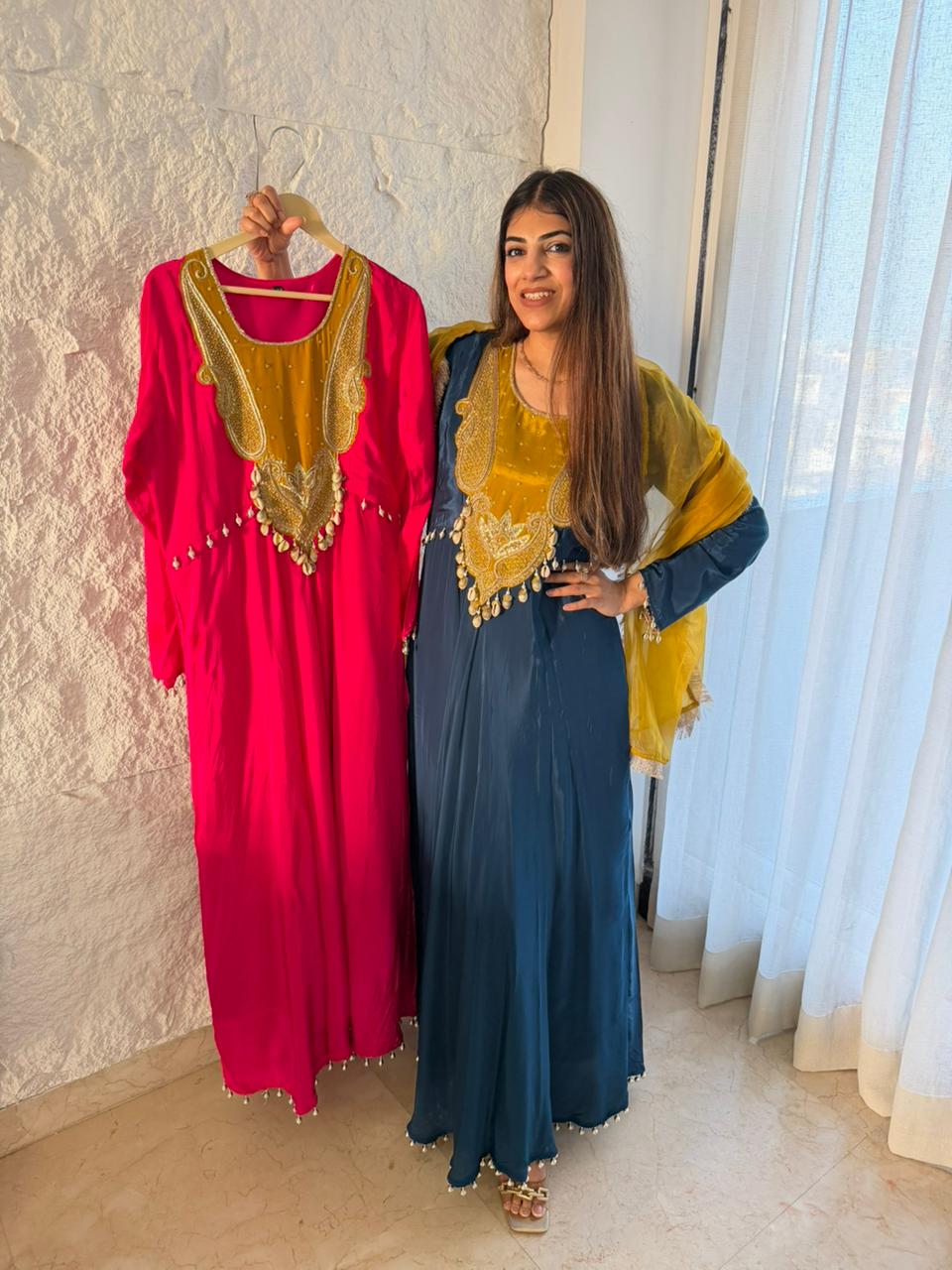 Pure crepe long anarkali design with combination organza duppata