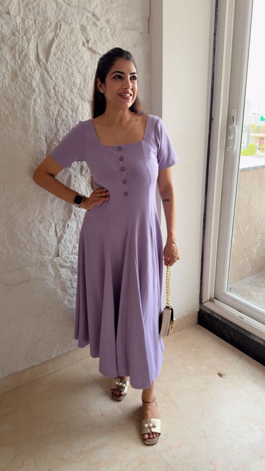 Roman stretchable fabric dress with button details