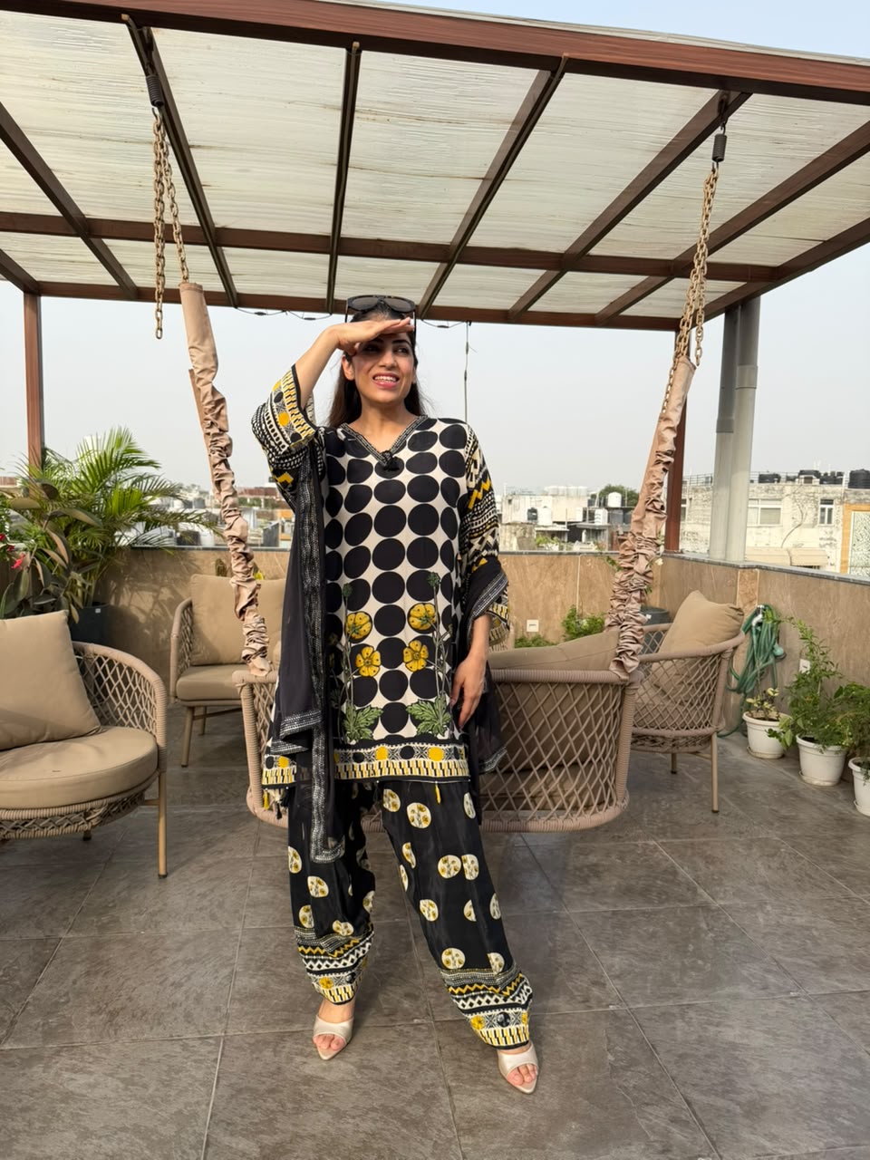 Black natural crepe ploka set with farshi & dupatta