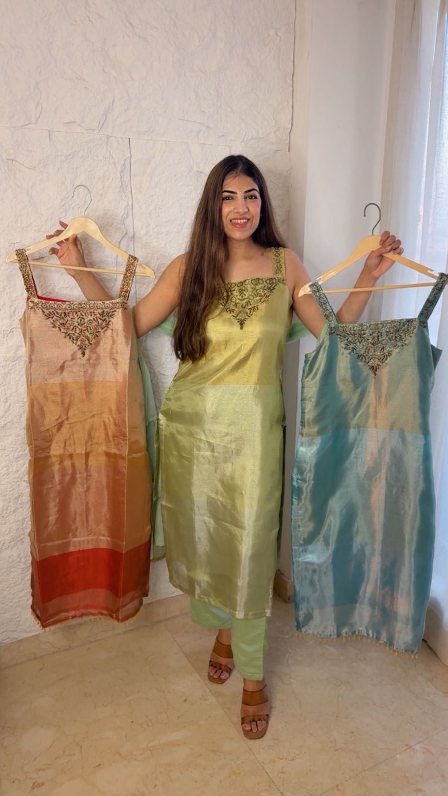 Banarsi double shaded 3 pc set with ruffle net dupatta  With handwork on neckline
