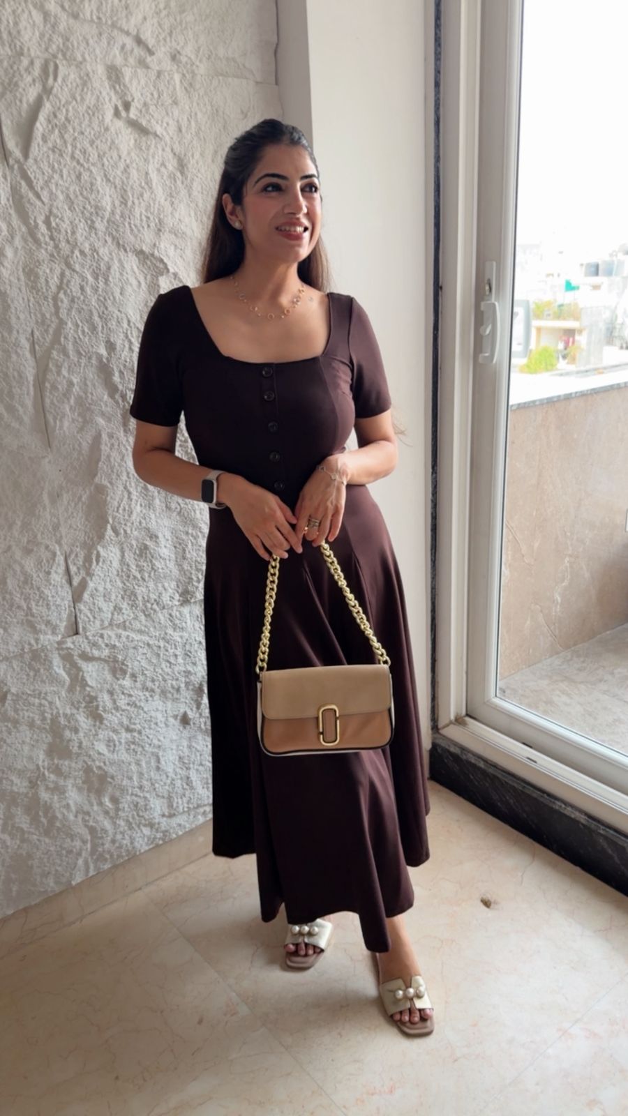 Roman stretchable fabric dress with button details