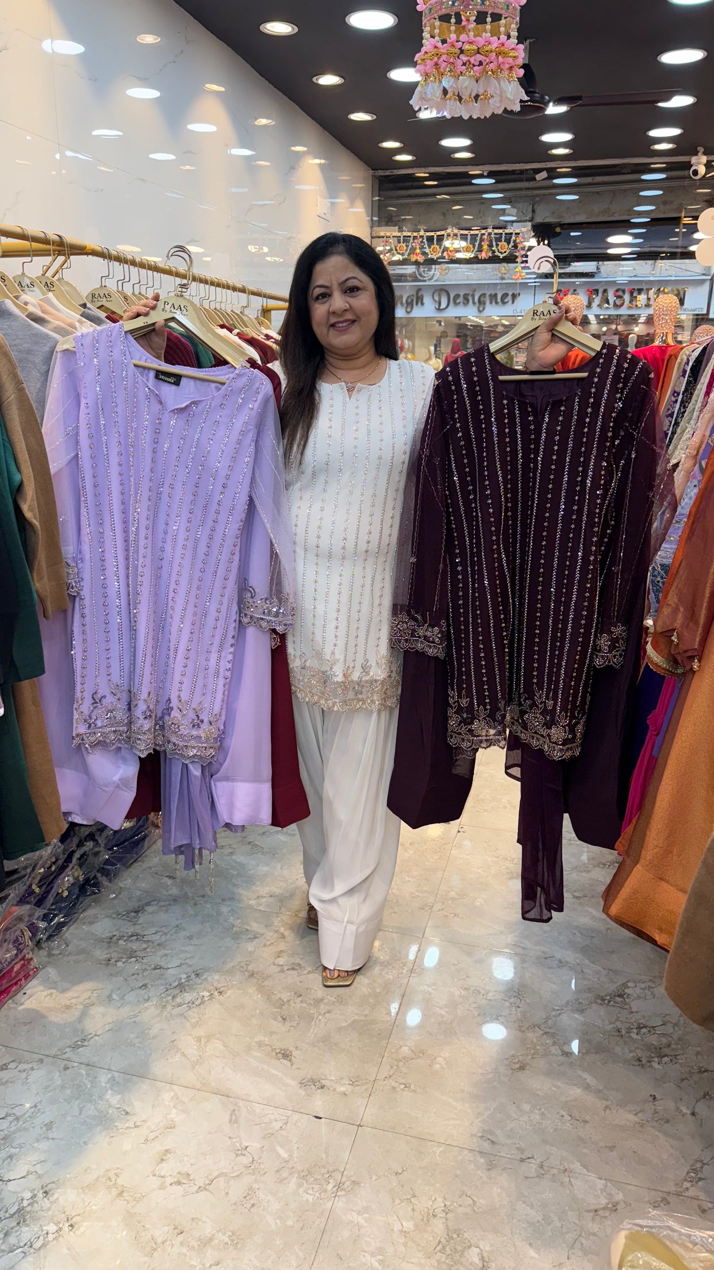 Viscose georgette 3pc partywear suit with farshi salwar shirt net fabric on all handwork