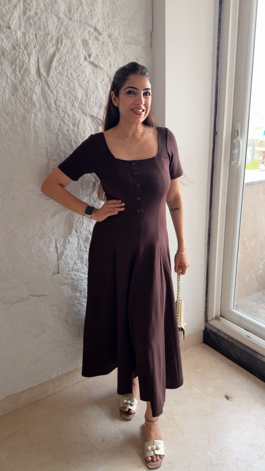 Roman stretchable fabric dress with button details