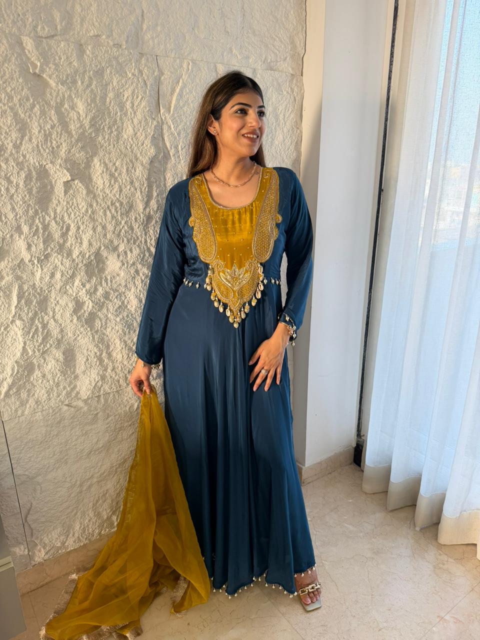 Pure crepe long anarkali design with combination organza duppata