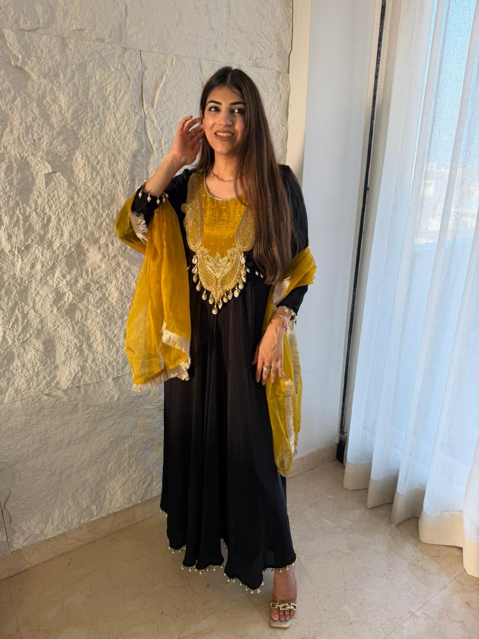 Pure crepe long anarkali design with combination organza duppata