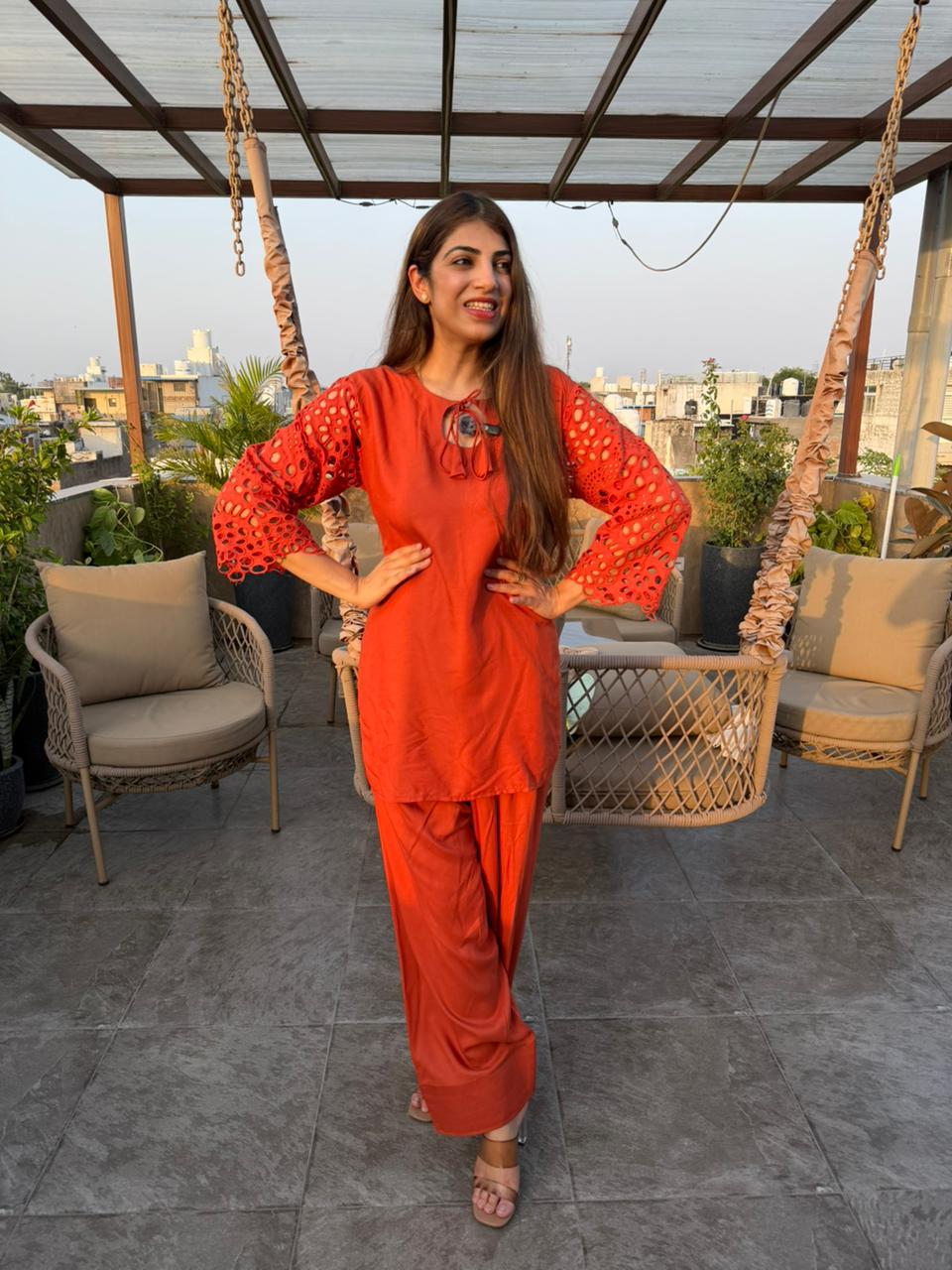 Cotton farshi 2 pc co-ord with schiffli sleeves