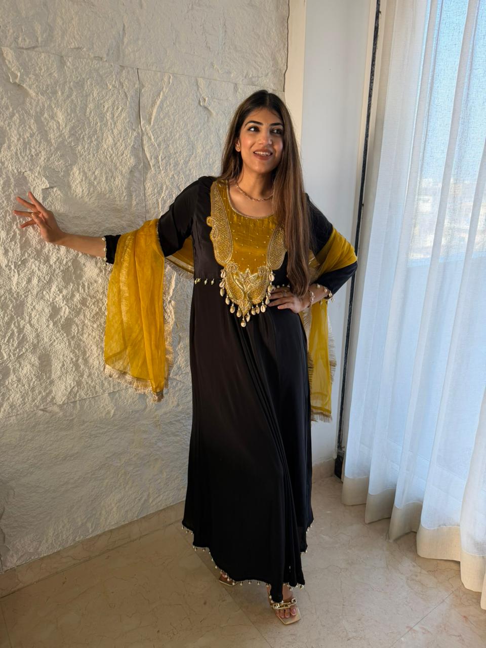 Pure crepe long anarkali design with combination organza duppata