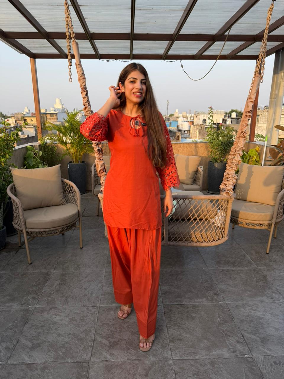 Cotton farshi 2 pc co-ord with schiffli sleeves