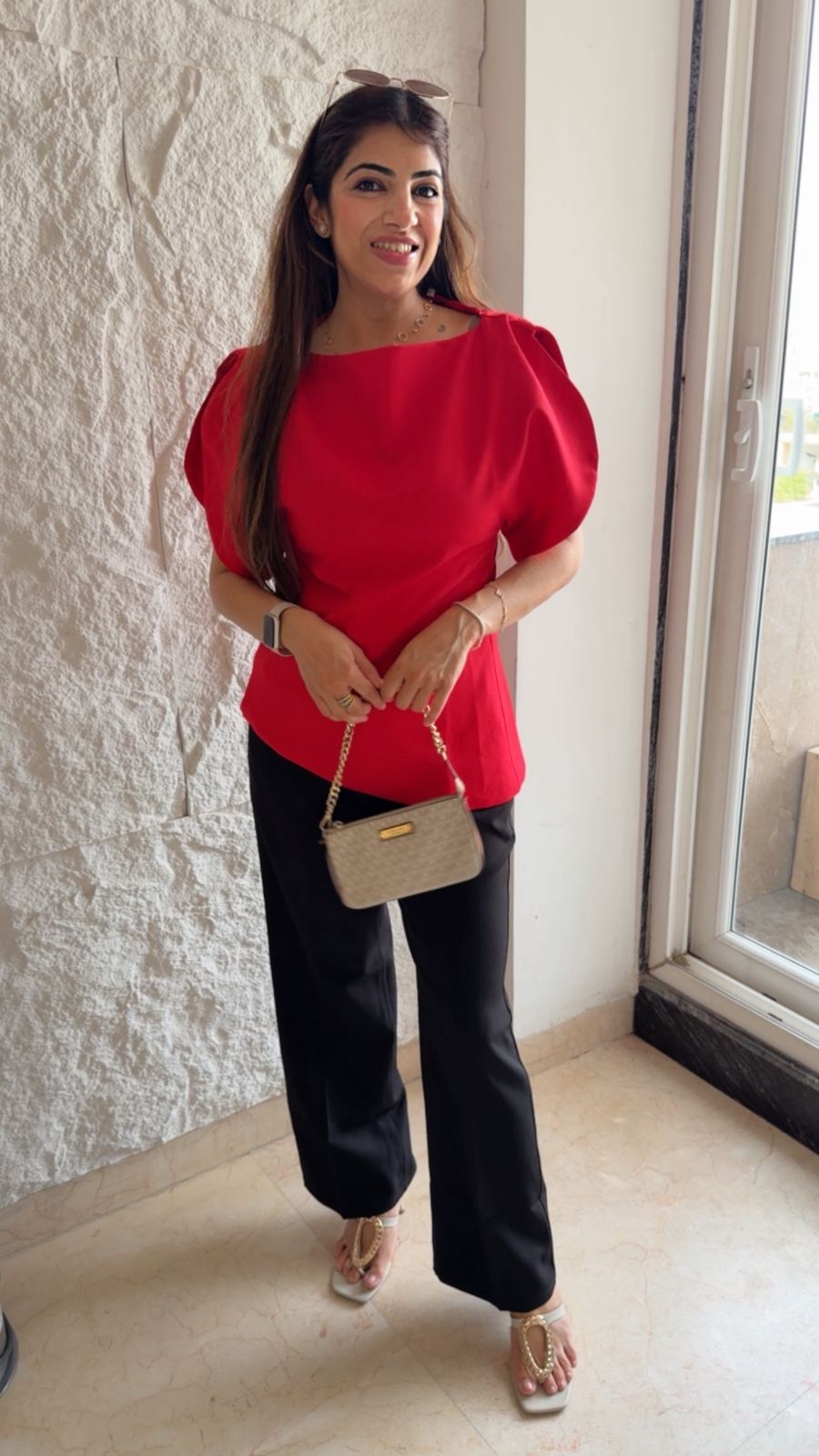 Imported fabric boat beck top with puff sleeves and slit details.