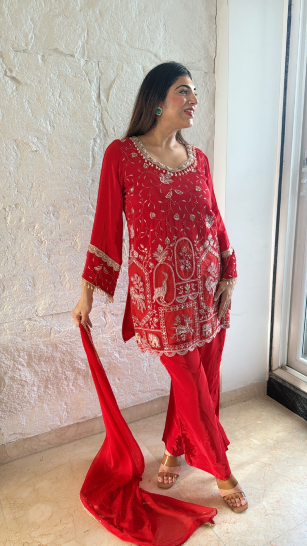 Pure crepe handwork 3 pc suit paired with bell bottoms