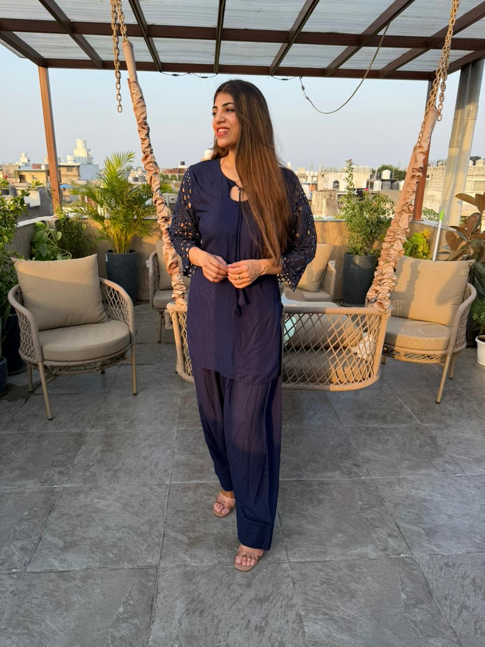 Cotton farshi 2 pc co-ord with schiffli sleeves