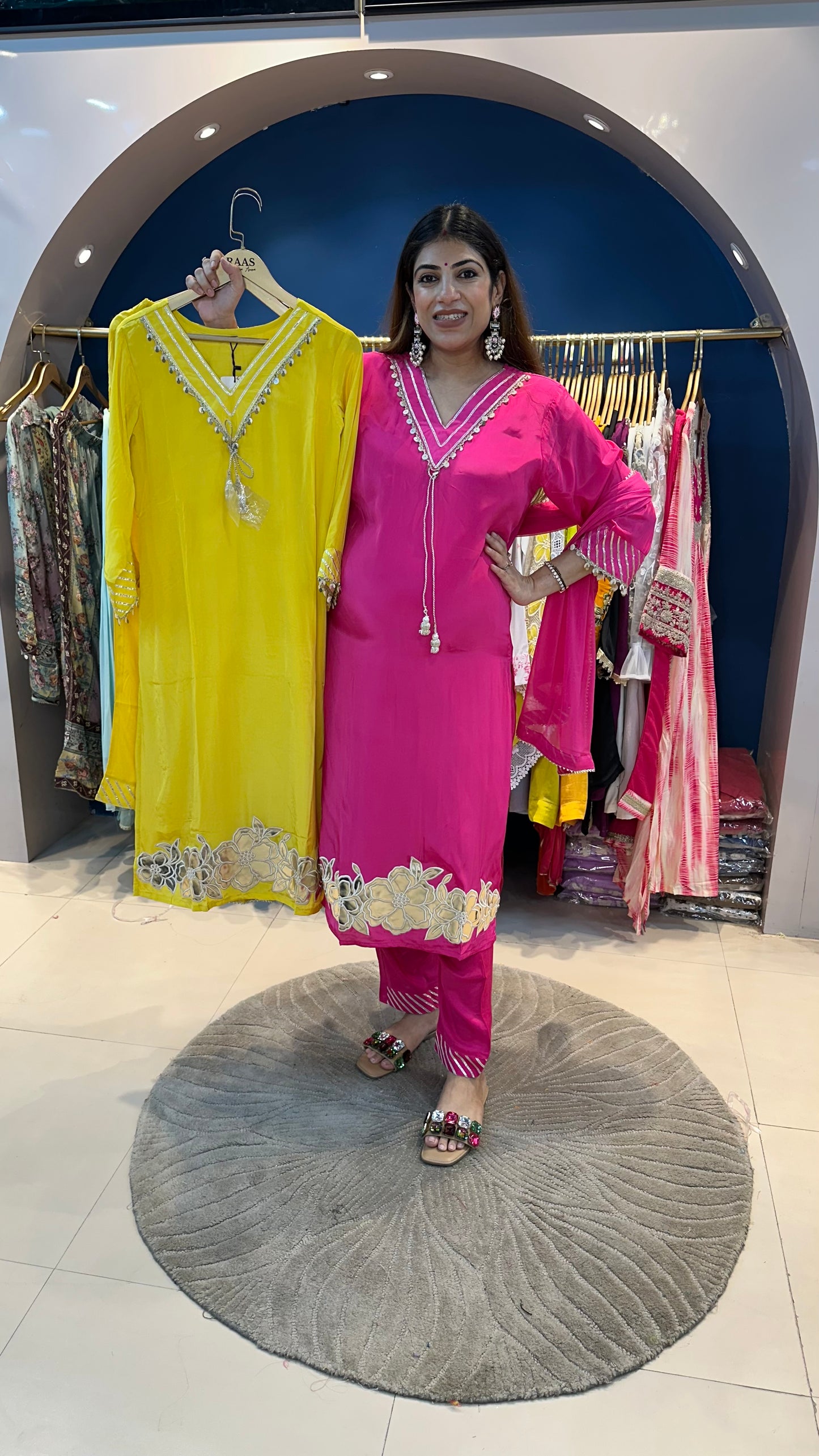 Crepe 3 pc suit with leather patch work