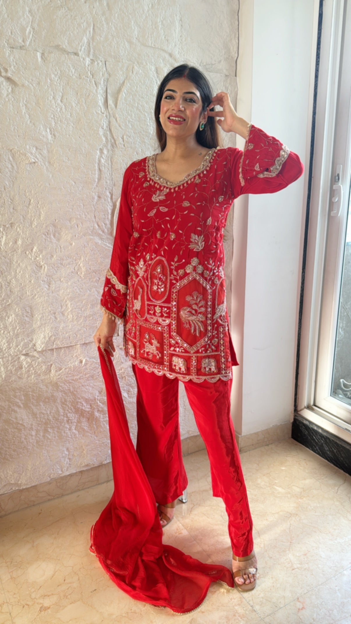 Pure crepe handwork 3 pc suit paired with bell bottoms