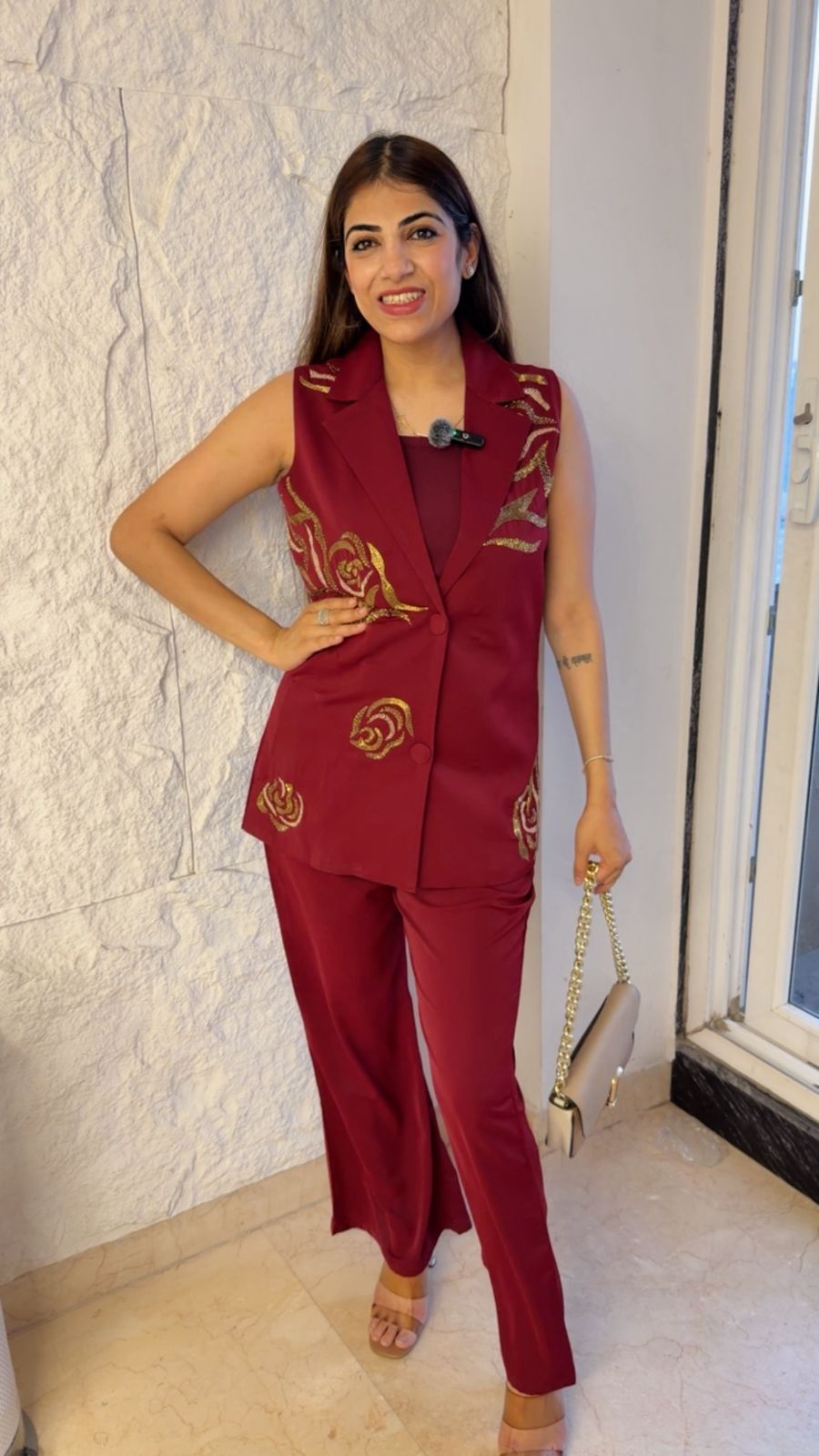 Moss crepe 2 pc sleeveless blazer set with handwork