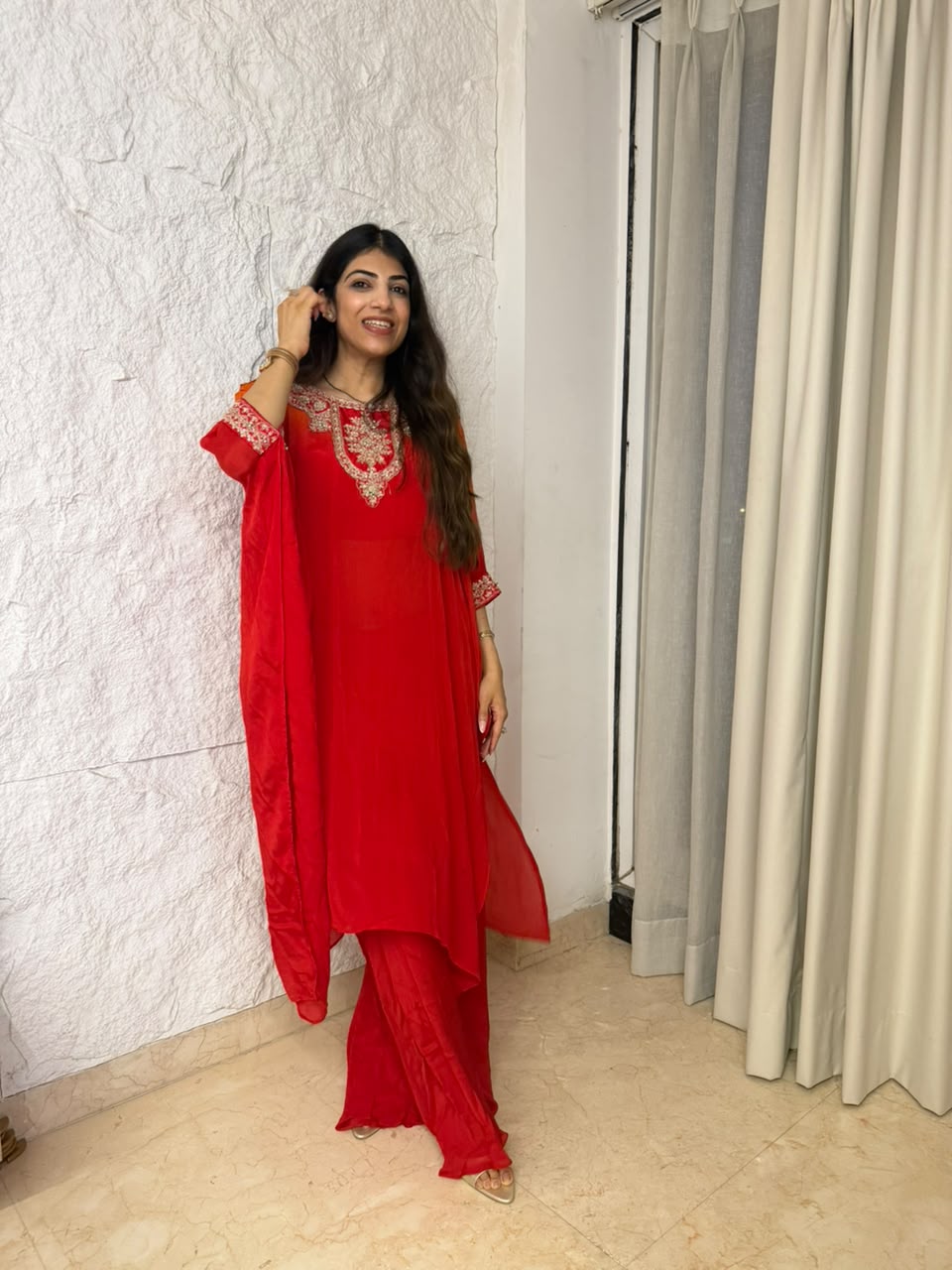 Pure Chinon ombre Kaftan set with front back handwork & bell bottom plazo