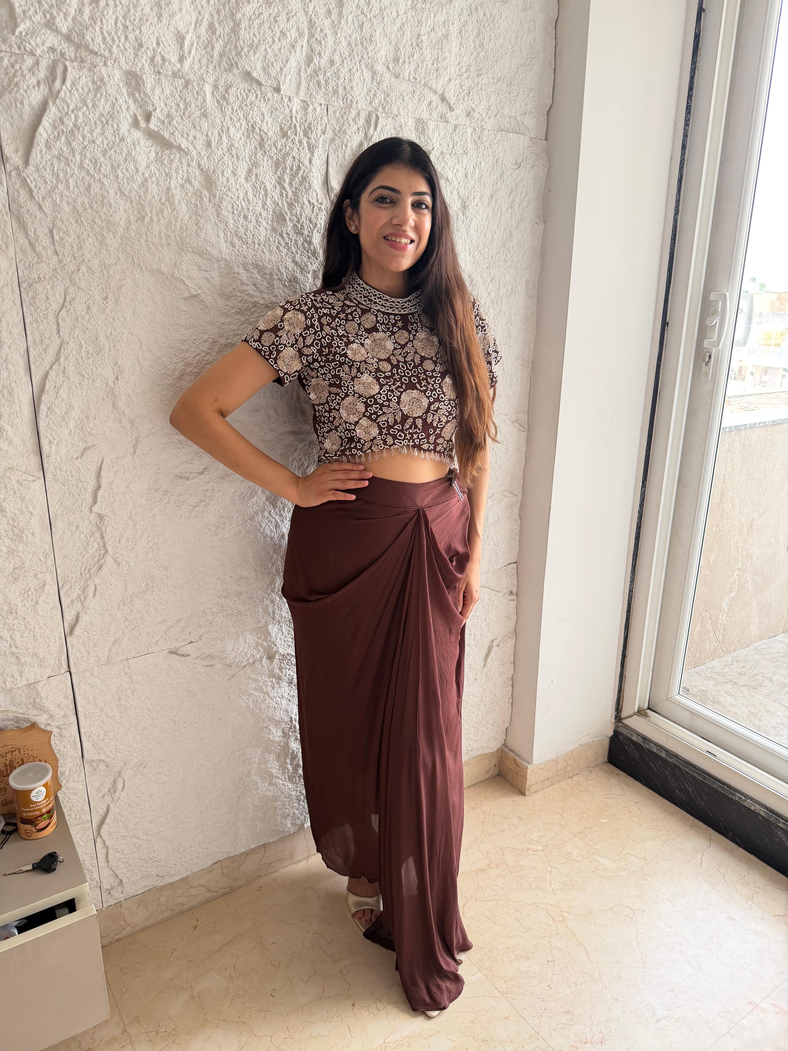 Pure Chinon  Two-peice drape skirt & crop Top with all handwork