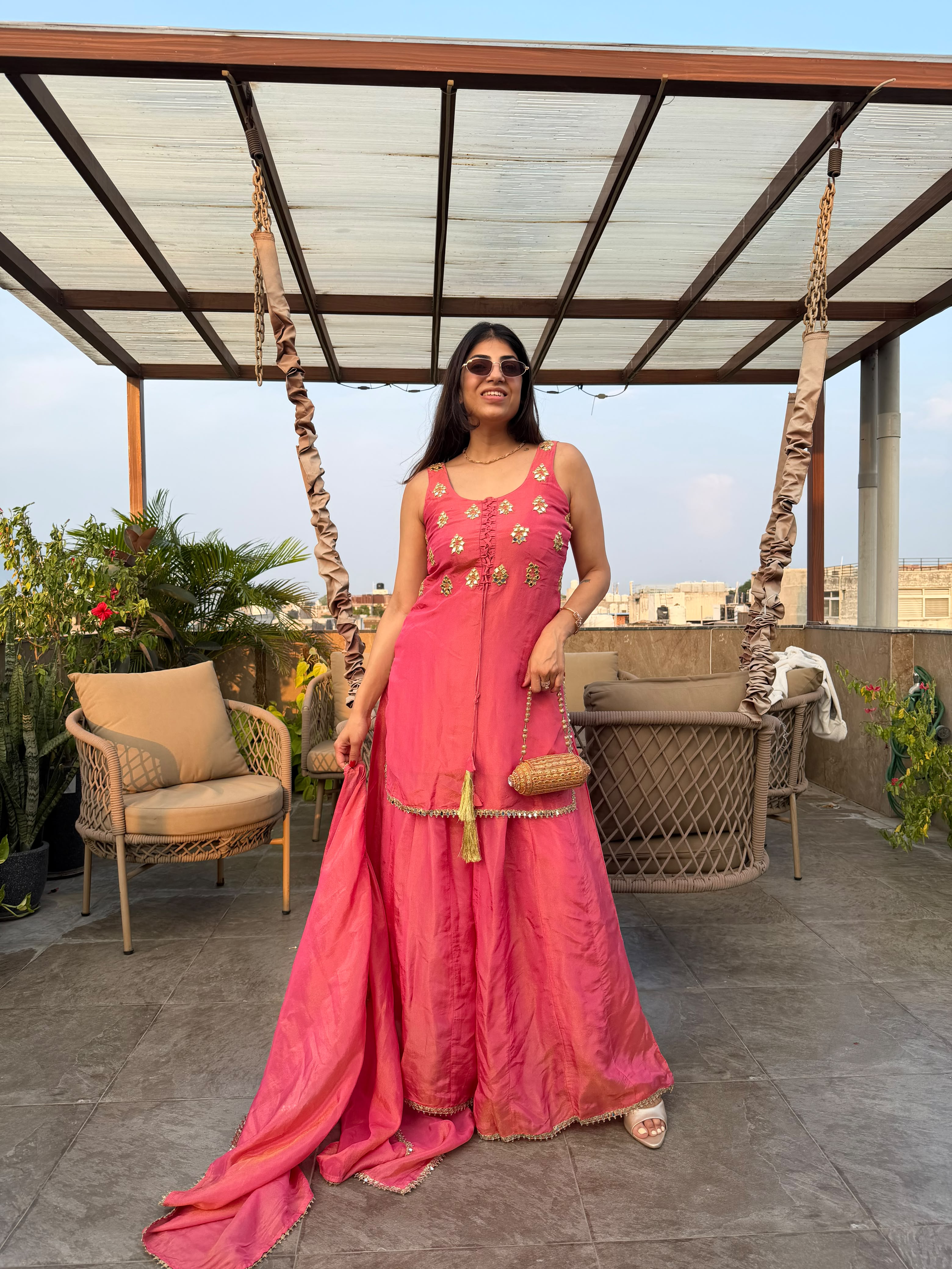 Cosmo fabric sharara set with dupatta with mirror detailing on neck