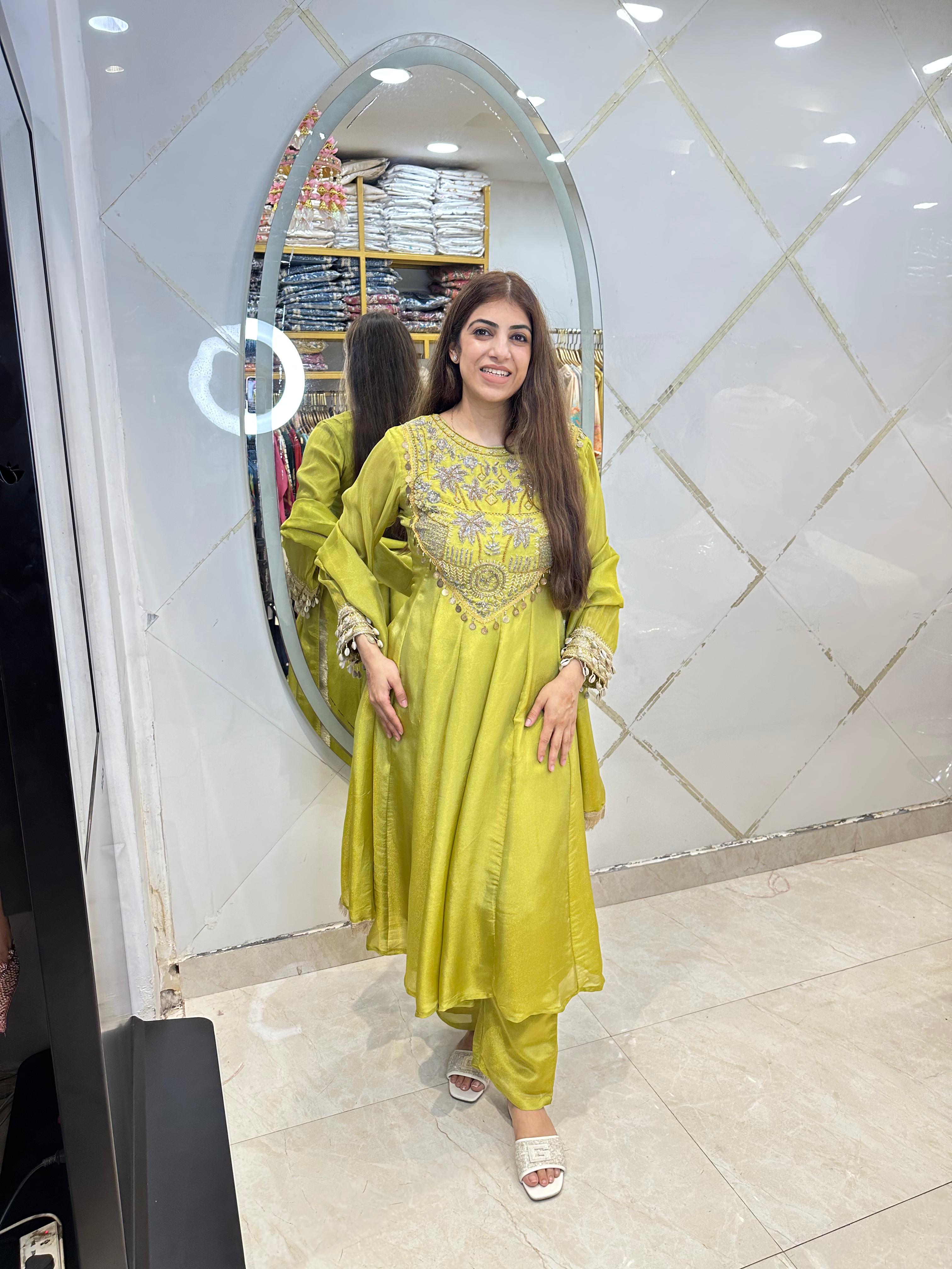 Shimmer tissue anarkali 3pc set, handwork and kodi work