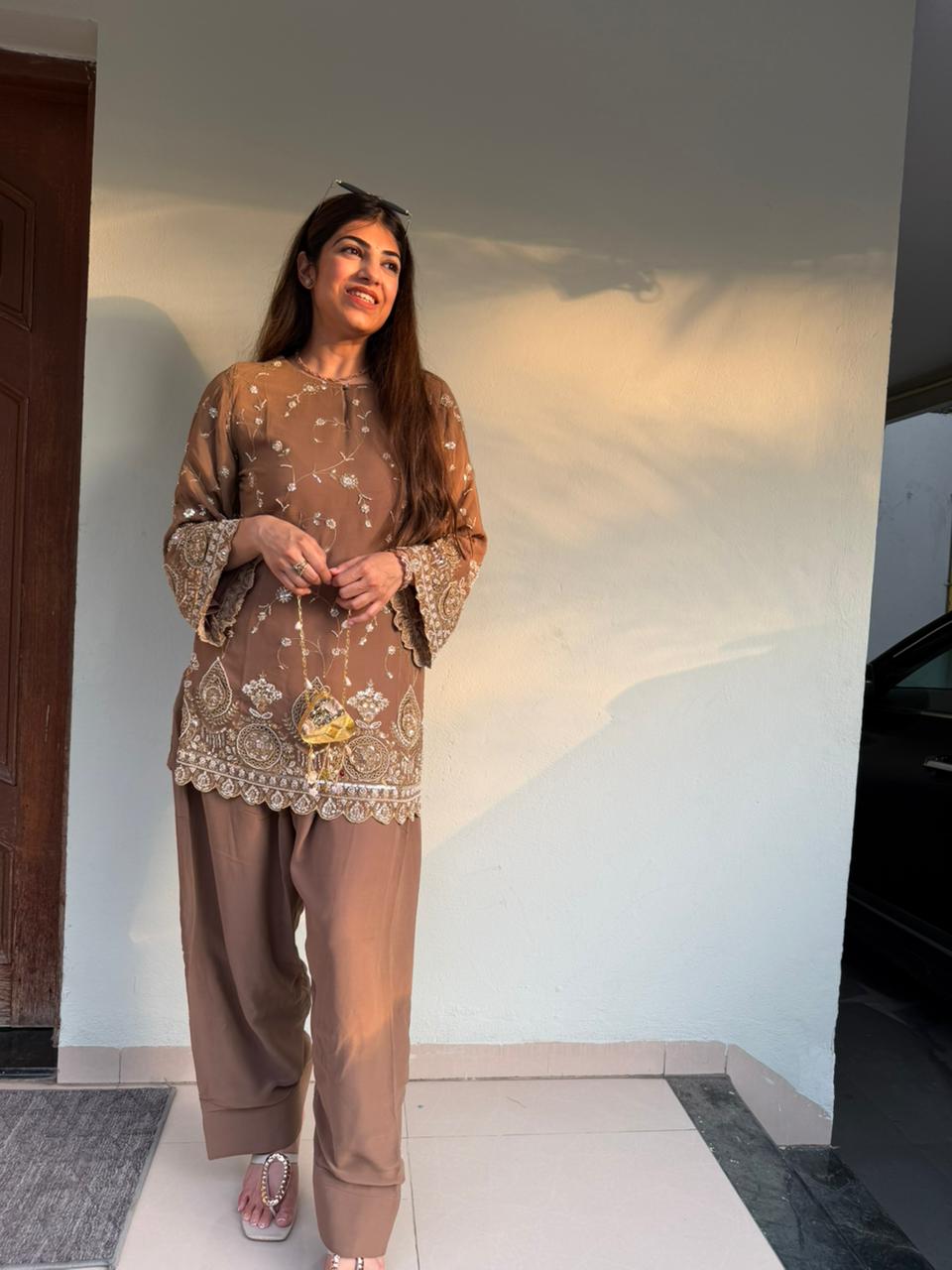 Pure Chinon farshi salwar 2pc set with all handwork