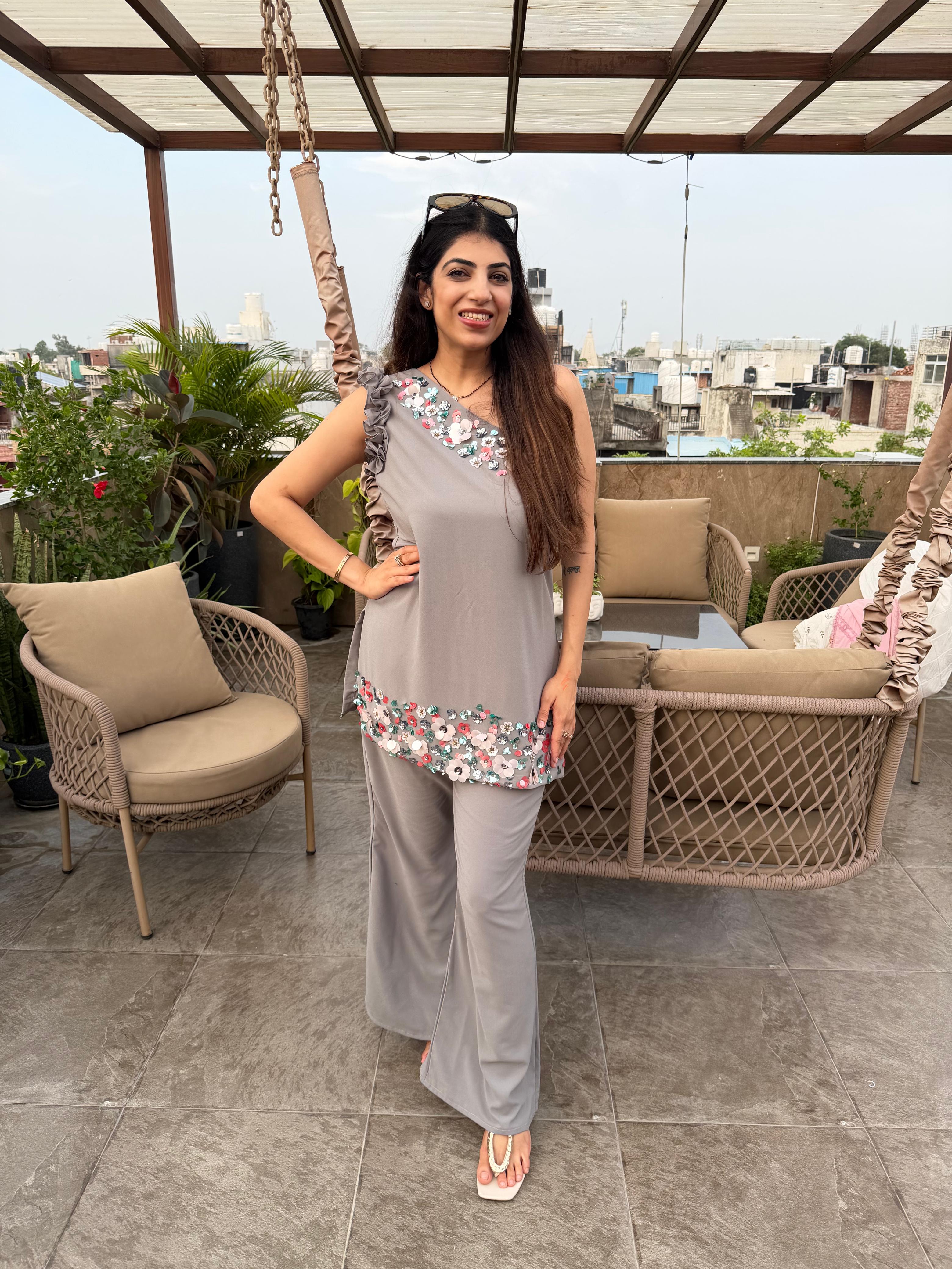 Viscose indo-western handwork Two-peice set with bell bottom