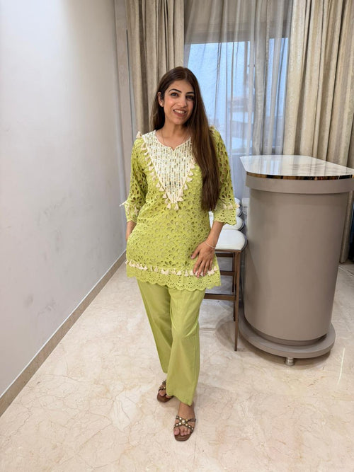 Cotton Shifli designe two pc, co-ord set in neck all handwork nd mirror work