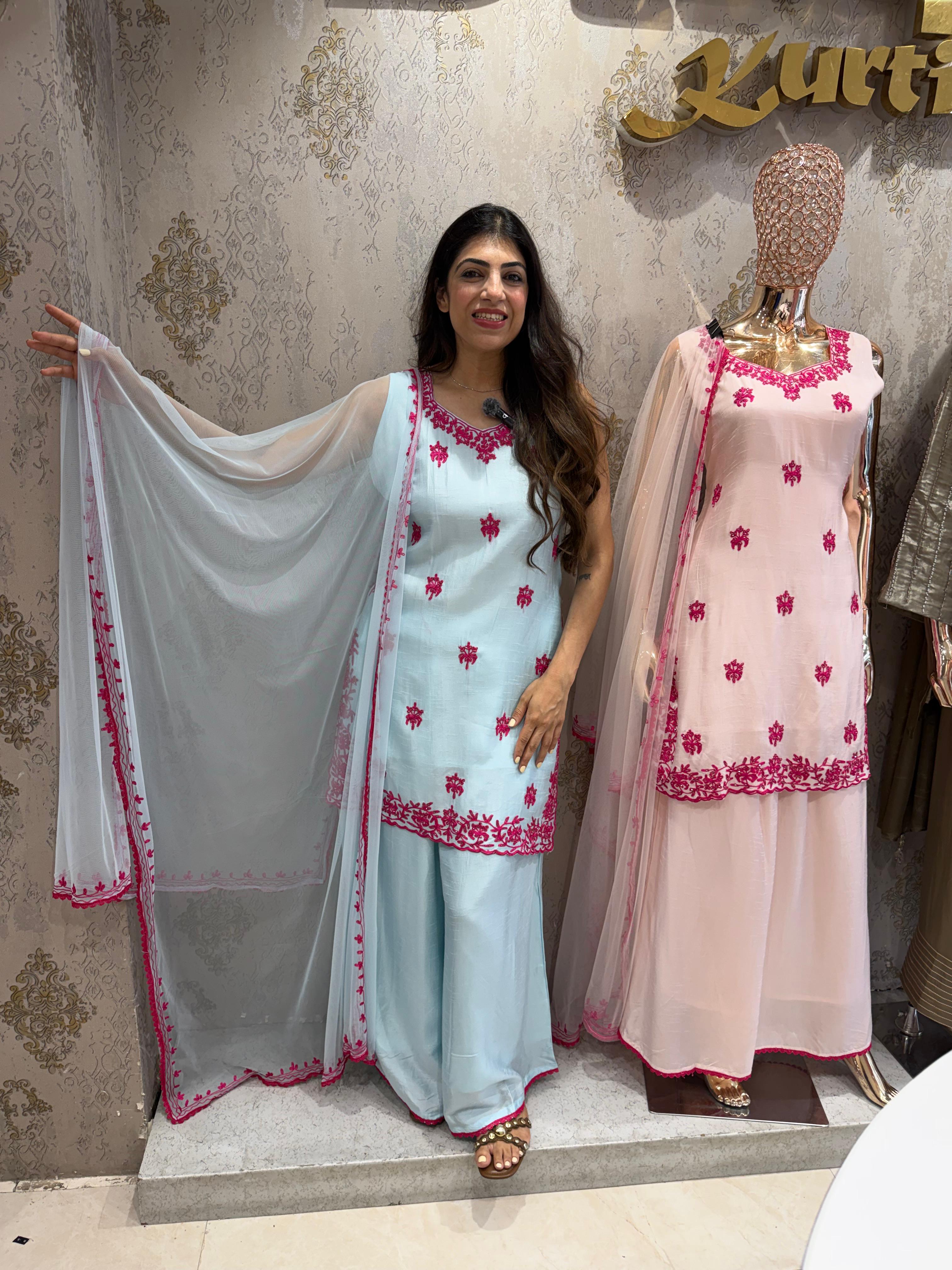 Pure cotton silk suit with divider plazo & net dupatta & all aari work