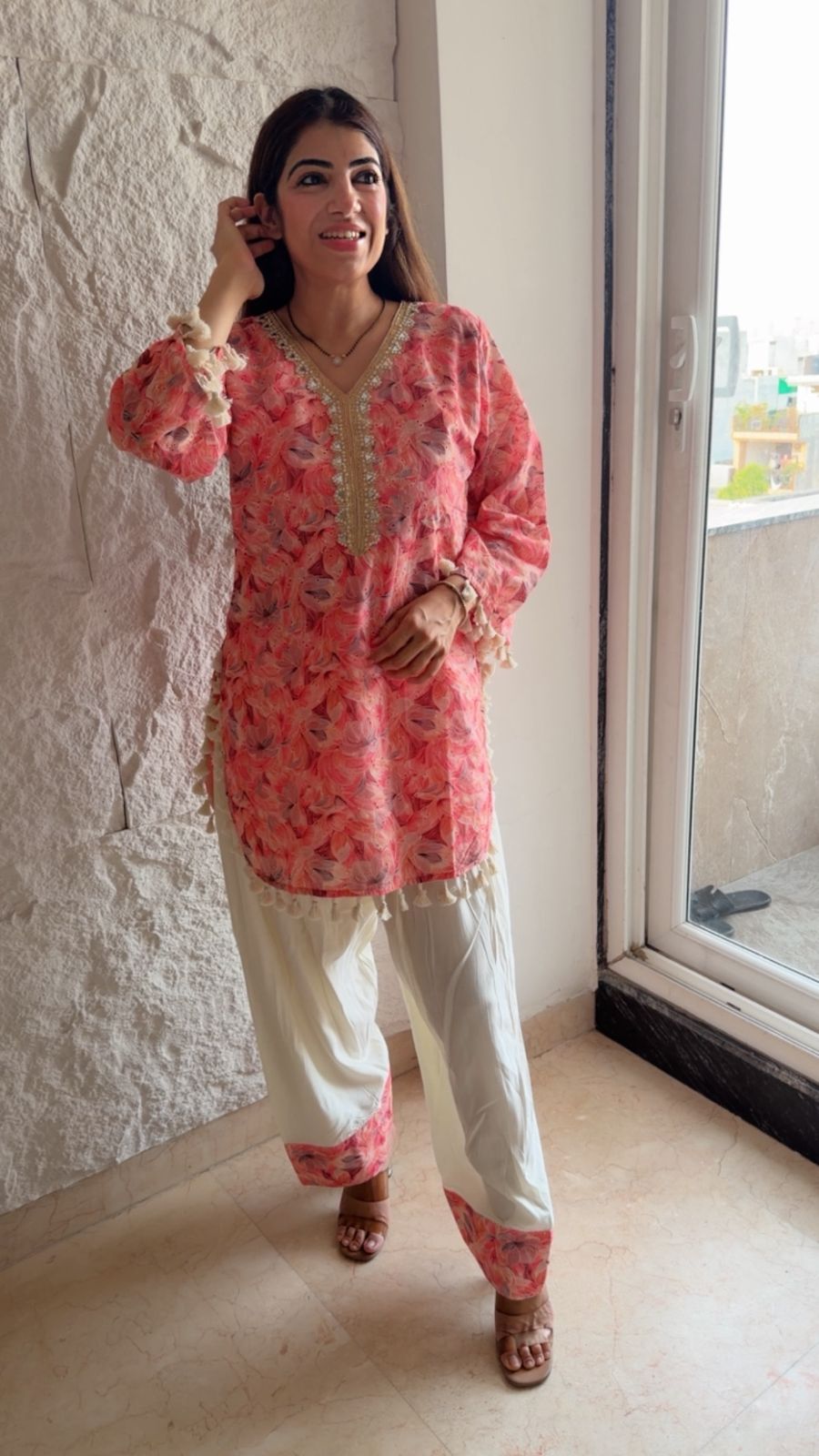 Schiffli cotton shirt with rayon cotton farshi salwar set