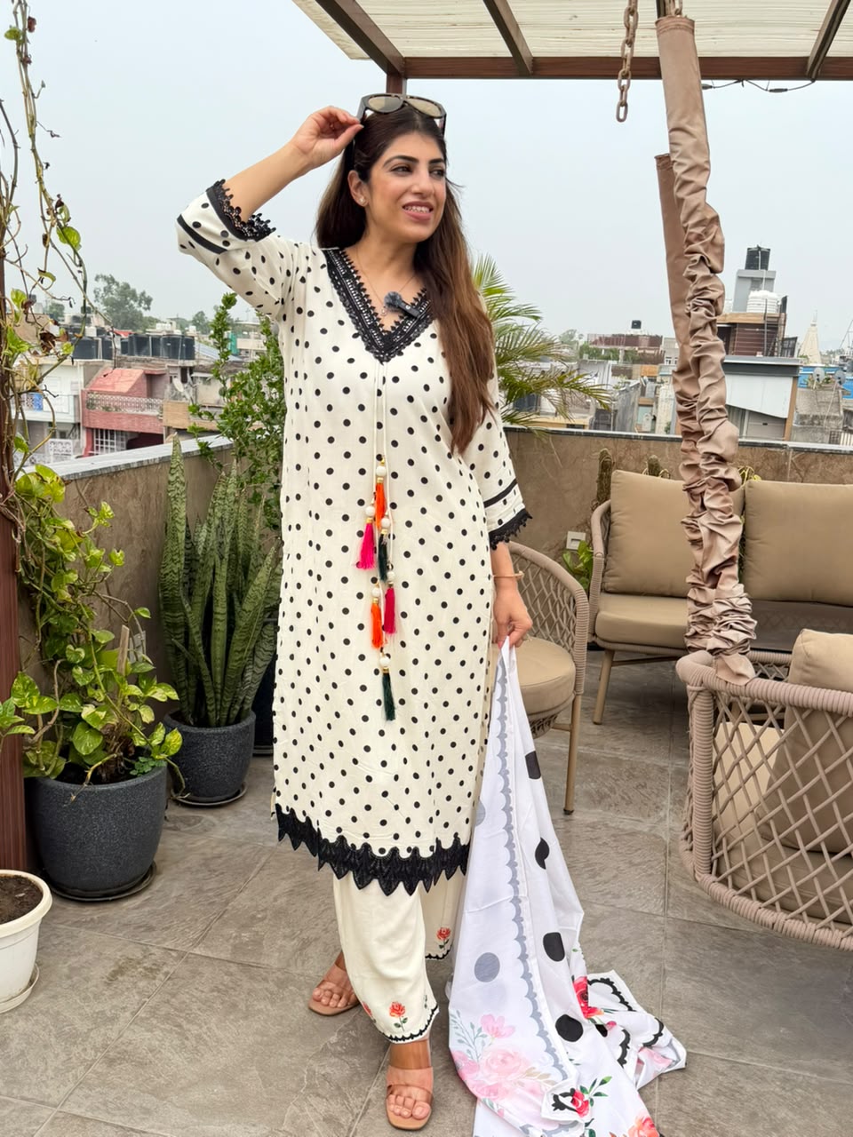 Pure muslin cotton smalls polka dot 3bpc suit with lace work & long tassels & dupatta